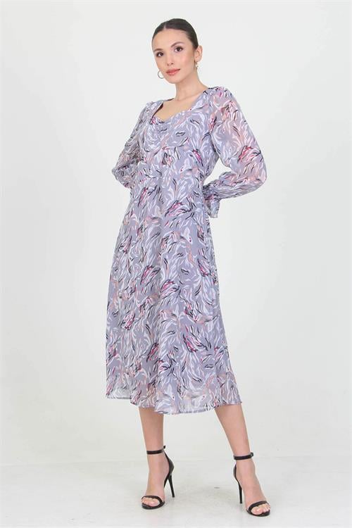 Dipmoda kadın gri kalp yaka yeni sezon desenli şifon elbise RY0030 