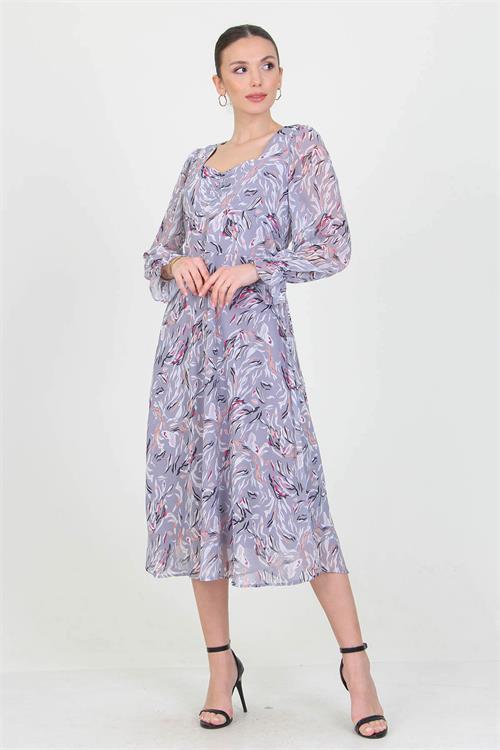 Dipmoda kadın gri kalp yaka yeni sezon desenli şifon elbise RY0030 