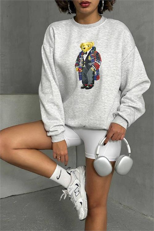 Dipmoda kadın gri melanj nakışlı sweatshirt DPNBG059