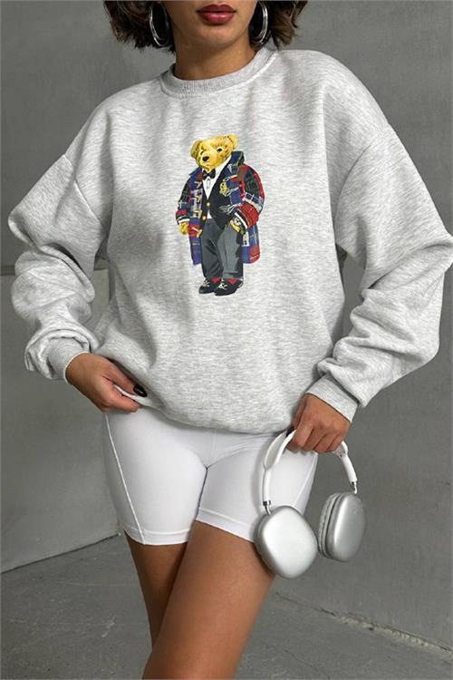 Dipmoda kadın gri melanj nakışlı sweatshirt DPNBG059