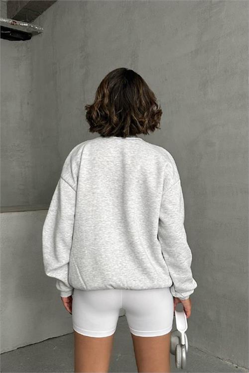 Dipmoda kadın gri melanj nakışlı sweatshirt DPNBG059