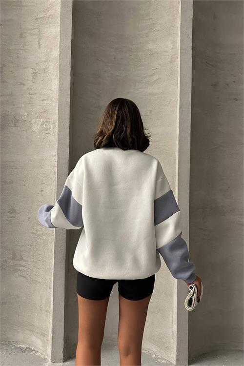 Dipmoda kadın gri nakışlı pamuklu sweat NBG045