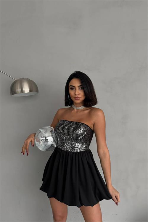 Dipmoda kadın gri payet straplez mini elbise DPNBDF127