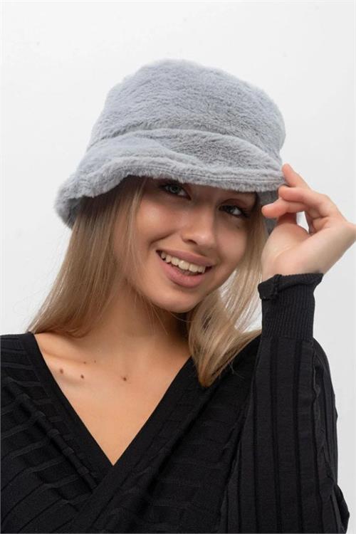 Dipmoda kadın gri peluş bucket şapka DPAKS009