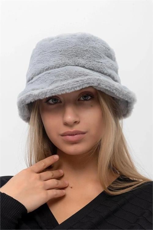 Dipmoda kadın gri peluş bucket şapka DPAKS009
