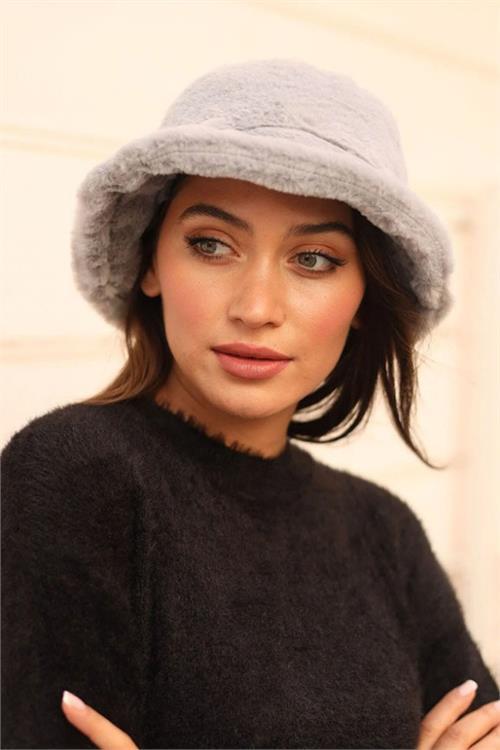 Dipmoda kadın gri peluş bucket şapka DPAKS009