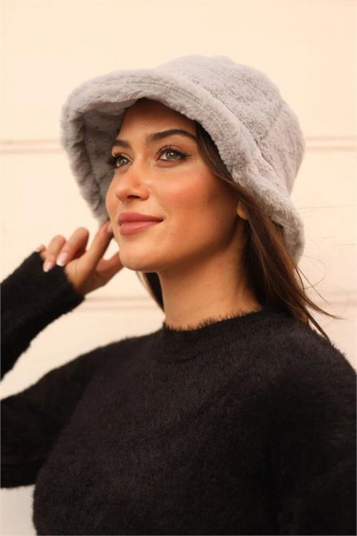 Dipmoda kadın gri peluş bucket şapka DPAKS009