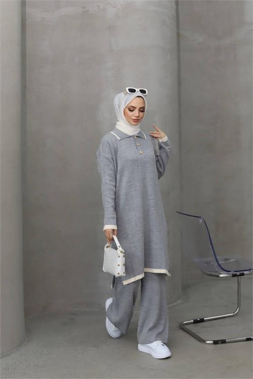 Dipmoda kadın gri tesettür triko alt üst ikili takım NMS023 