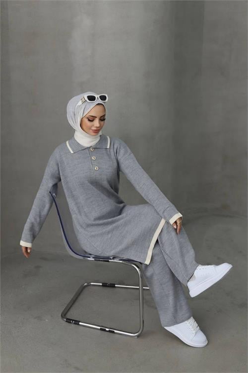 Dipmoda kadın gri tesettür triko alt üst ikili takım NMS023 