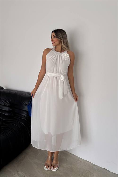 Dipmoda kadın gül broş detaylı uzun şifon elbise NBK2144 