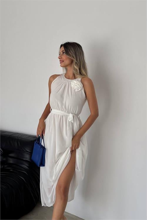 Dipmoda kadın gül broş detaylı uzun şifon elbise NBK2144 