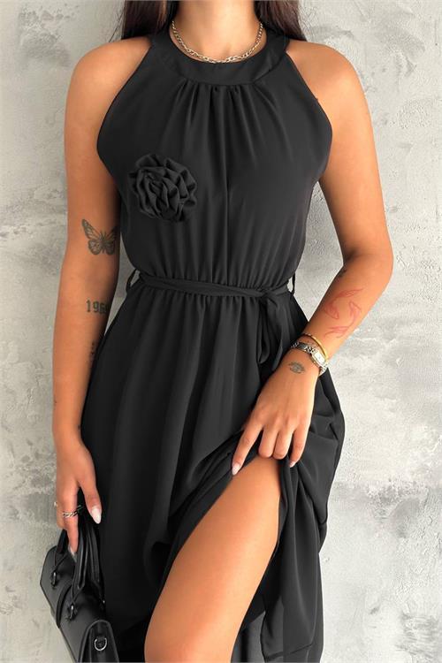 Dipmoda kadın gül broş detaylı uzun şifon elbise NBK2144 