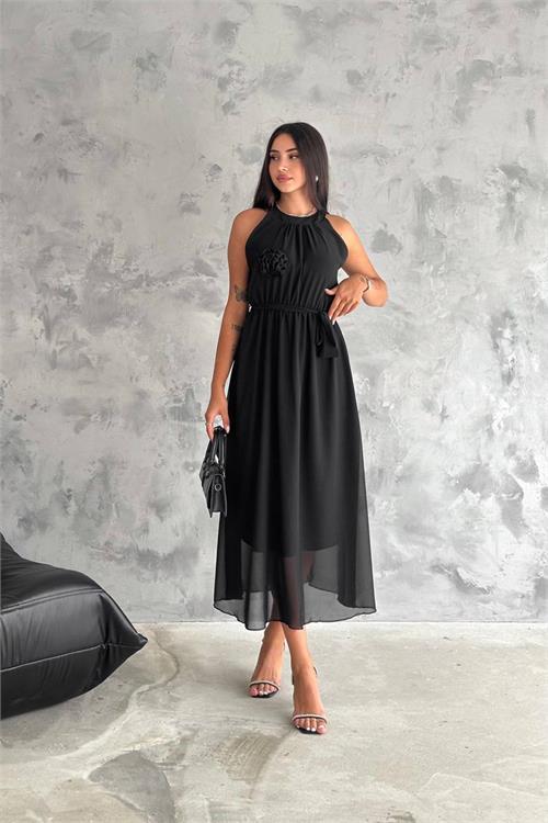 Dipmoda kadın gül broş detaylı uzun şifon elbise NBK2144 