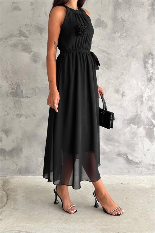 Dipmoda kadın gül broş detaylı uzun şifon elbise NBK2144 