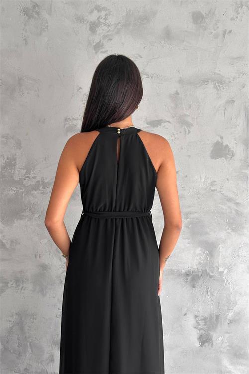 Dipmoda kadın gül broş detaylı uzun şifon elbise NBK2144 