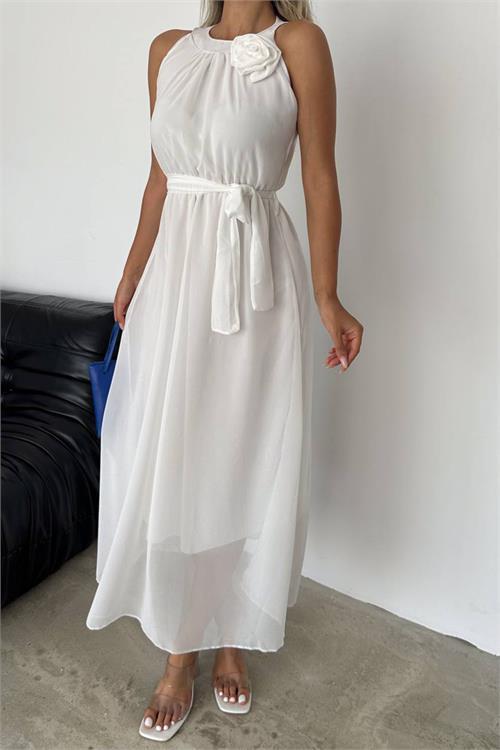 Dipmoda kadın gül broş detaylı uzun şifon elbise NBK2144 