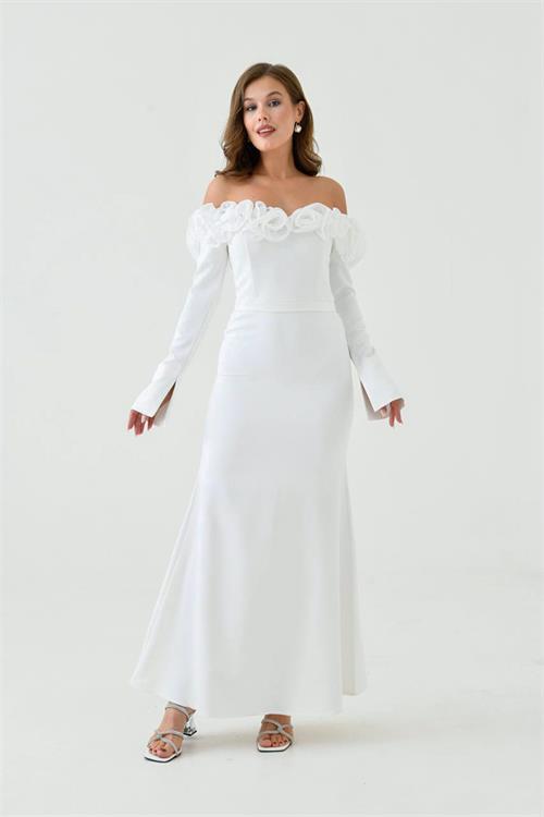 Dipmoda kadın gül detaylı madonna yaka uzun abiye elbise NBS9363