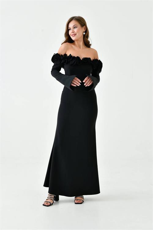 Dipmoda kadın gül detaylı madonna yaka uzun abiye elbise NBS9363