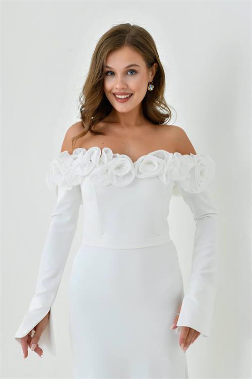 Dipmoda kadın gül detaylı madonna yaka uzun abiye elbise NBS9363