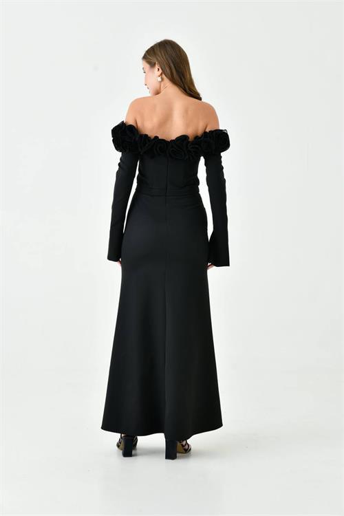 Dipmoda kadın gül detaylı madonna yaka uzun abiye elbise NBS9363