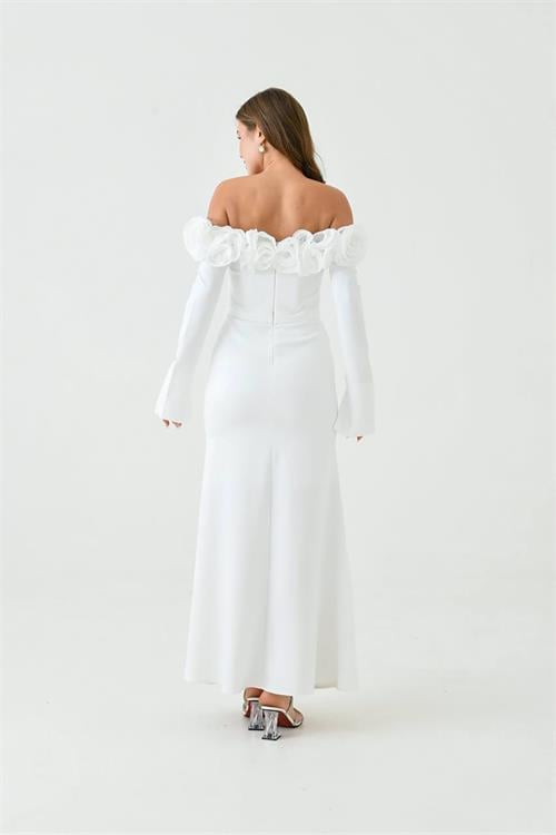 Dipmoda kadın gül detaylı madonna yaka uzun abiye elbise NBS9363