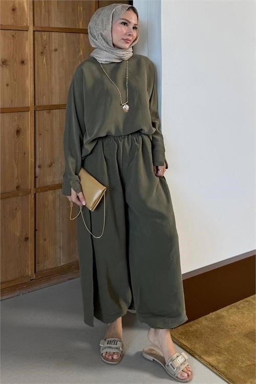 Dipmoda kadın haki asimetrik tunik pantolon oversize tesnsel tesettür takım NMS104