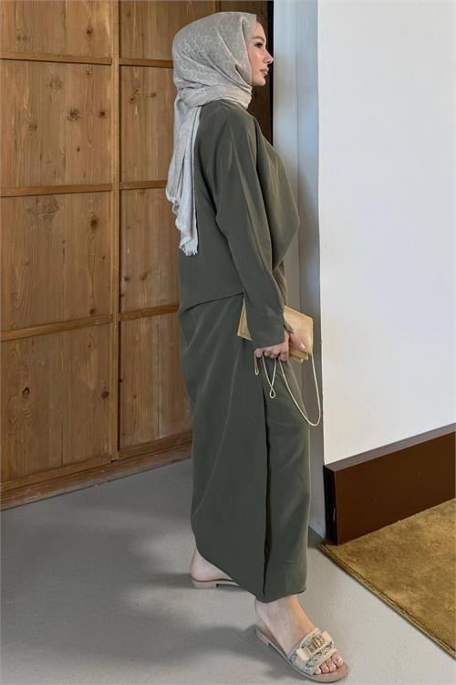Dipmoda kadın haki asimetrik tunik pantolon oversize tesnsel tesettür takım NMS104