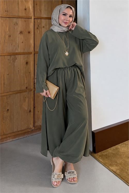 Dipmoda kadın haki asimetrik tunik pantolon oversize tesnsel tesettür takım NMS104