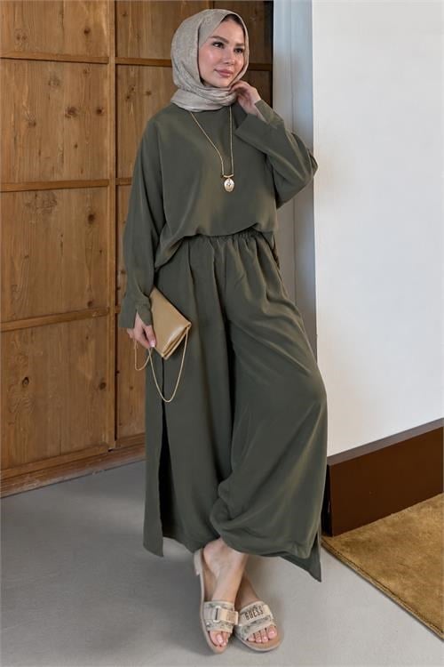 Dipmoda kadın haki asimetrik tunik pantolon oversize tesnsel tesettür takım NMS104