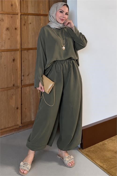 Dipmoda kadın haki asimetrik tunik pantolon oversize tesnsel tesettür takım NMS104