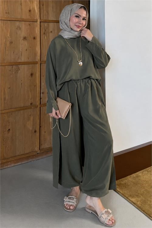 Dipmoda kadın haki asimetrik tunik pantolon oversize tesnsel tesettür takım NMS104