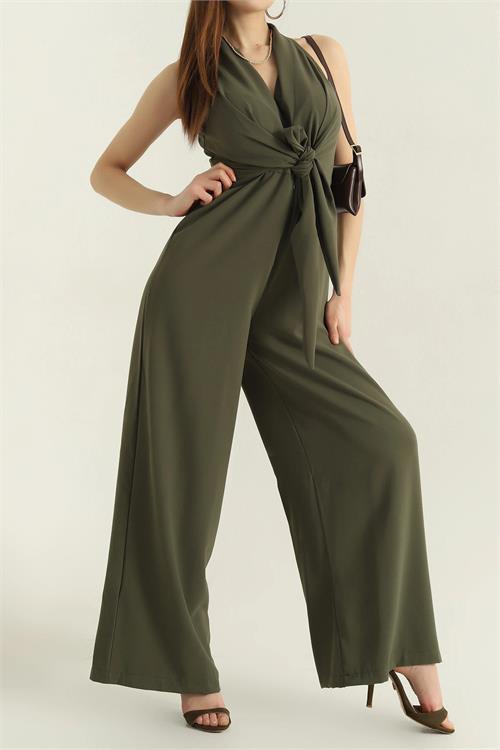 Dipmoda kadın haki bağlama detaylı tulum DPMY3551