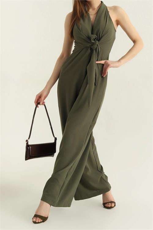 Dipmoda kadın haki bağlama detaylı tulum DPMY3551