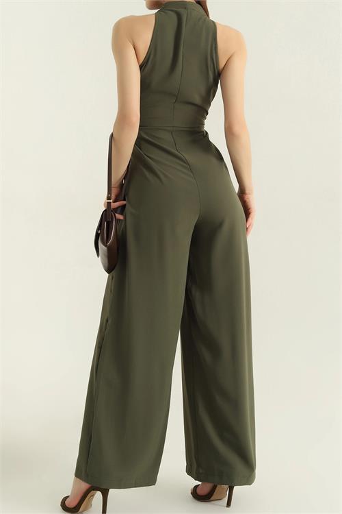 Dipmoda kadın haki bağlama detaylı tulum DPMY3551