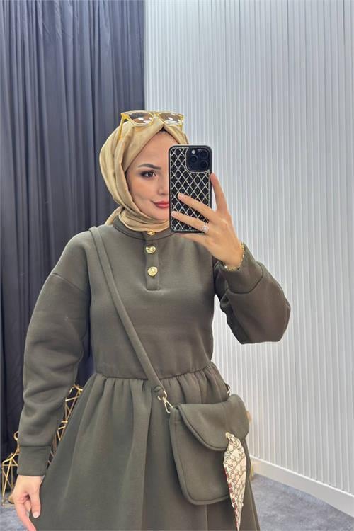 Dipmoda kadın haki gold düğmeli çanta detaylı tam boy tesettür elbise NMS077