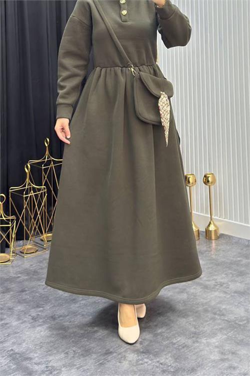 Dipmoda kadın haki gold düğmeli çanta detaylı tam boy tesettür elbise NMS077