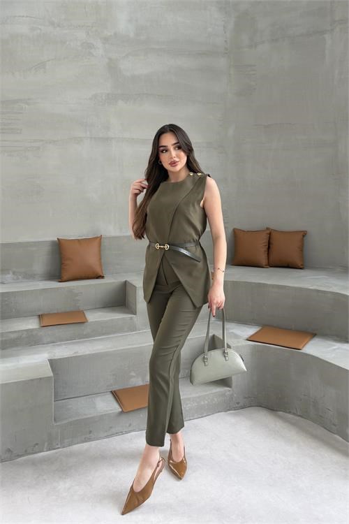 Dipmoda kadın haki omuz düğme detaylı kolsuz blazer pantolon takım ---DPTKM4061