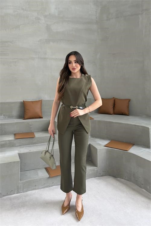 Dipmoda kadın haki omuz düğme detaylı kolsuz blazer pantolon takım ---DPTKM4061