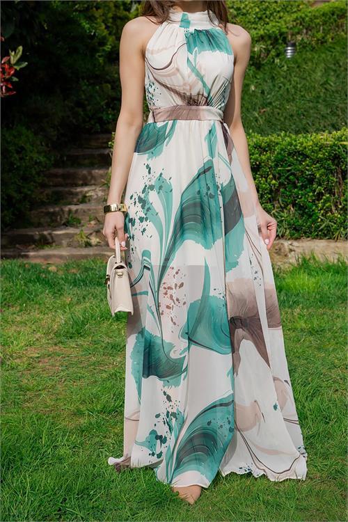 Dipmoda kadın halter yaka astarlı maxi şifon elbise DPMY3242