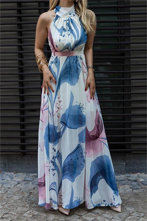 Dipmoda kadın halter yaka astarlı maxi şifon elbise DPMY3242