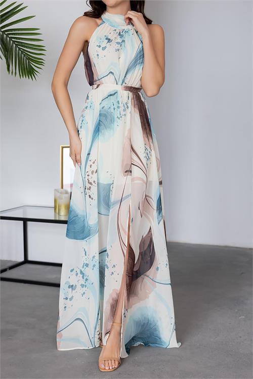 Dipmoda kadın halter yaka astarlı maxi şifon elbise DPMY3242