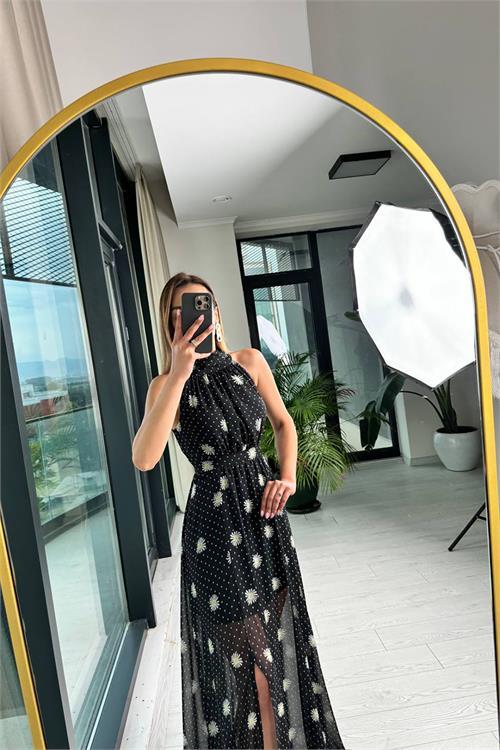 Dipmoda kadın halter yaka astarlı maxi şifon elbise DPMY3242