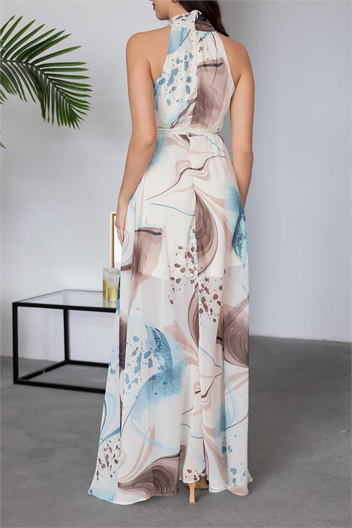 Dipmoda kadın halter yaka astarlı maxi şifon elbise DPMY3242
