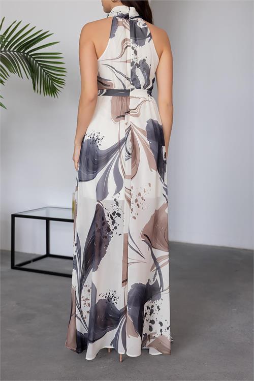 Dipmoda kadın halter yaka astarlı maxi şifon elbise DPMY3242