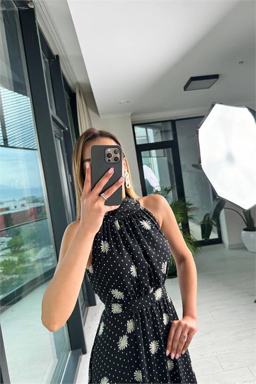 Dipmoda kadın halter yaka astarlı maxi şifon elbise DPMY3242