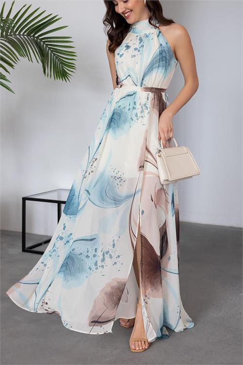 Dipmoda kadın halter yaka astarlı maxi şifon elbise DPMY3242