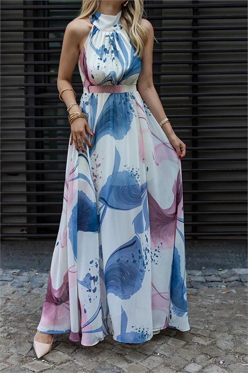 Dipmoda kadın halter yaka astarlı maxi şifon elbise DPMY3242