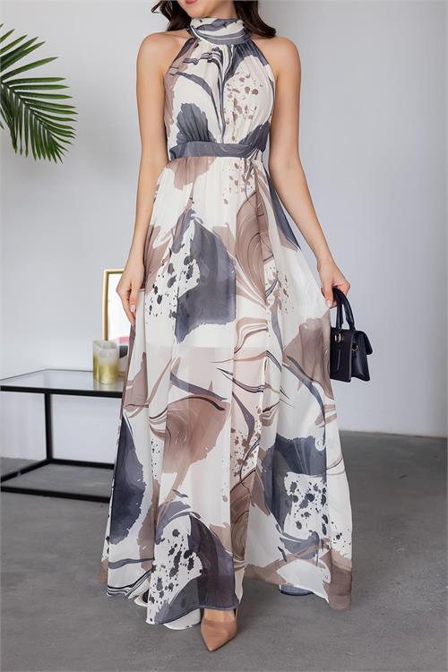 Dipmoda kadın halter yaka astarlı maxi şifon elbise DPMY3242