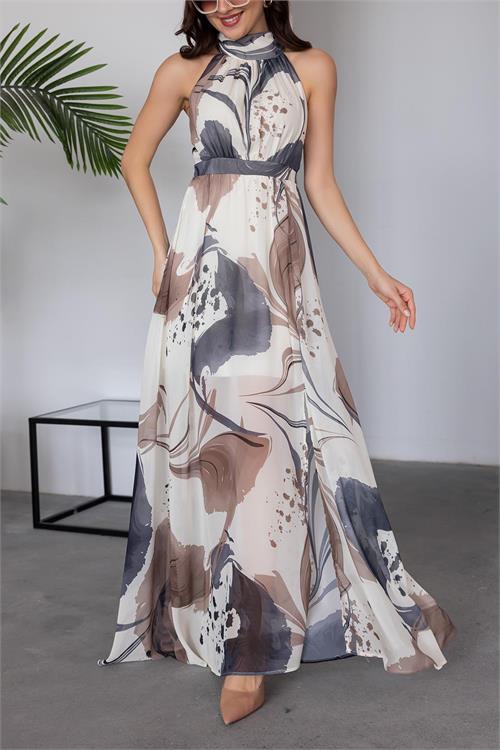 Dipmoda kadın halter yaka astarlı maxi şifon elbise DPMY3242