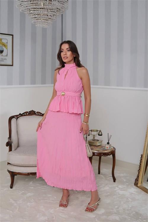 Dipmoda kadın halter yaka bel detaylı etekli takım DPG099